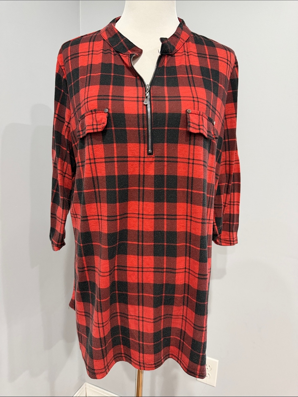 Women’s Red & Black Buffalo Plaid half zip Neck  3/4 sleeve